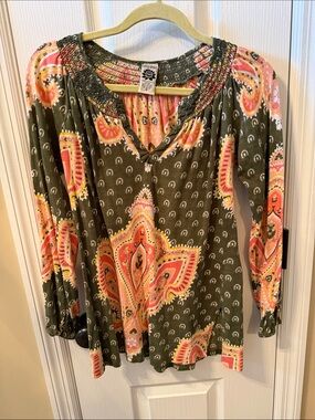 Lucky Brand boho Olive and Coral Paisley Smocked-Neck Long Sleeve Tee